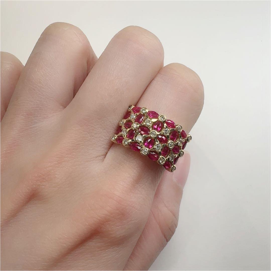 【K18】ルビー 2.18ct パヴェリング ワイドデザイン