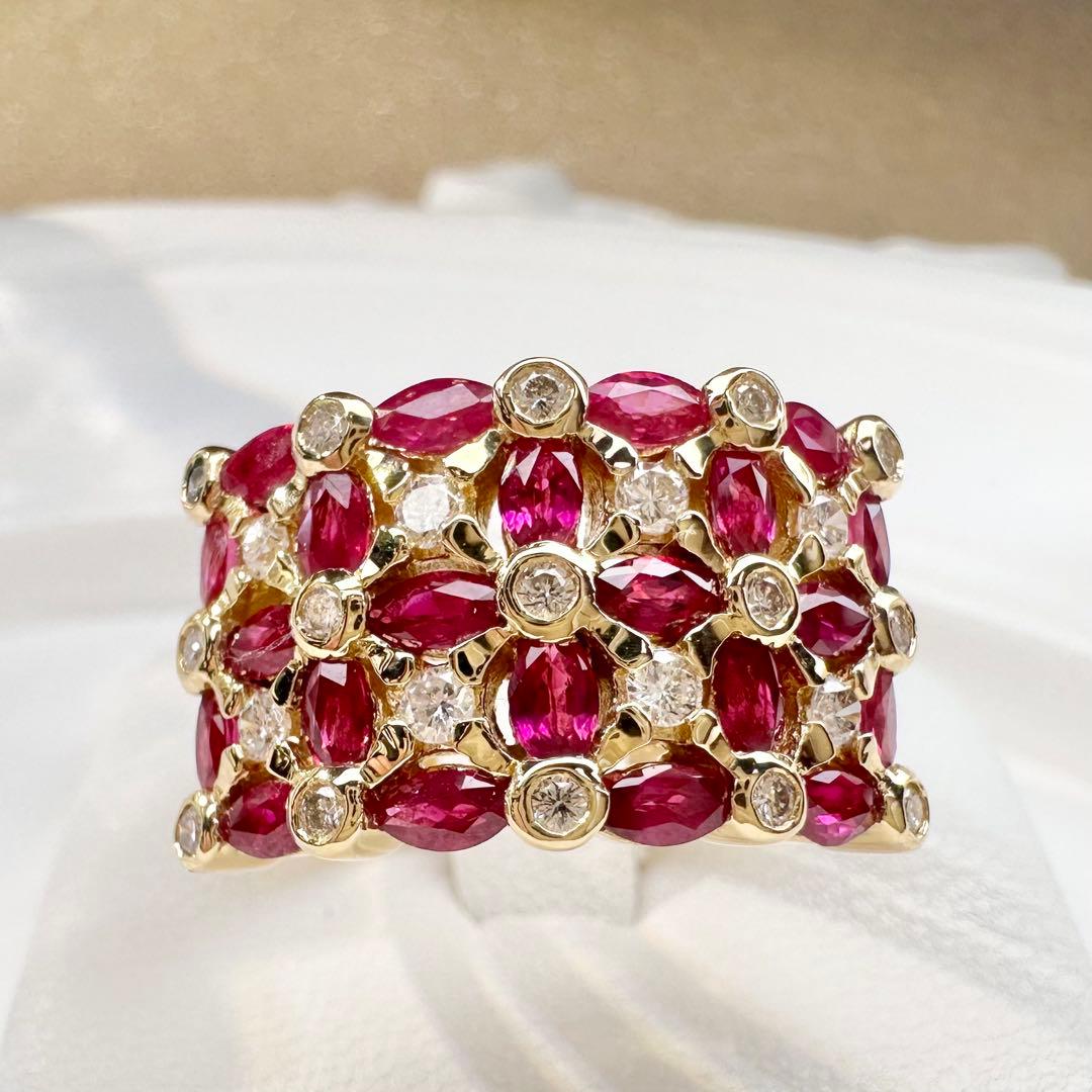 【K18】ルビー 2.18ct パヴェリング ワイドデザイン