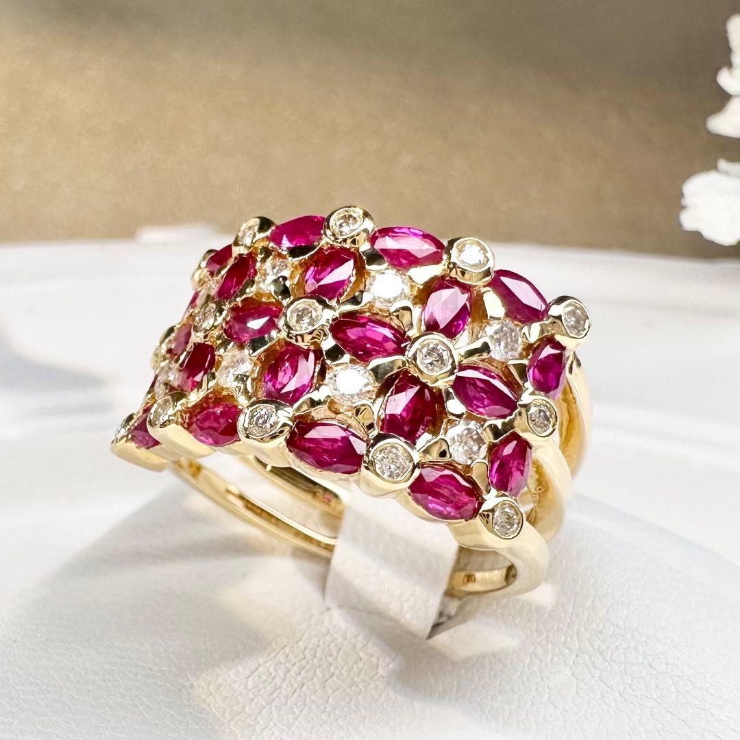 【K18】ルビー 2.18ct パヴェリング ワイドデザイン