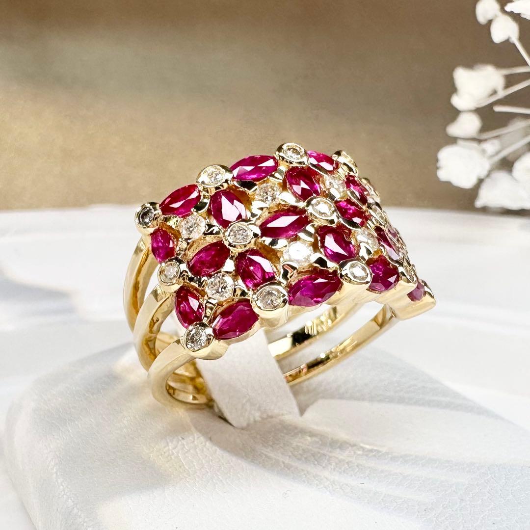 【K18】ルビー 2.18ct パヴェリング ワイドデザイン