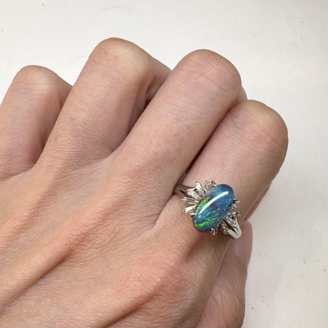 PT900 ブラックオパール1.58ct ダイヤモンドリング 遊色効果