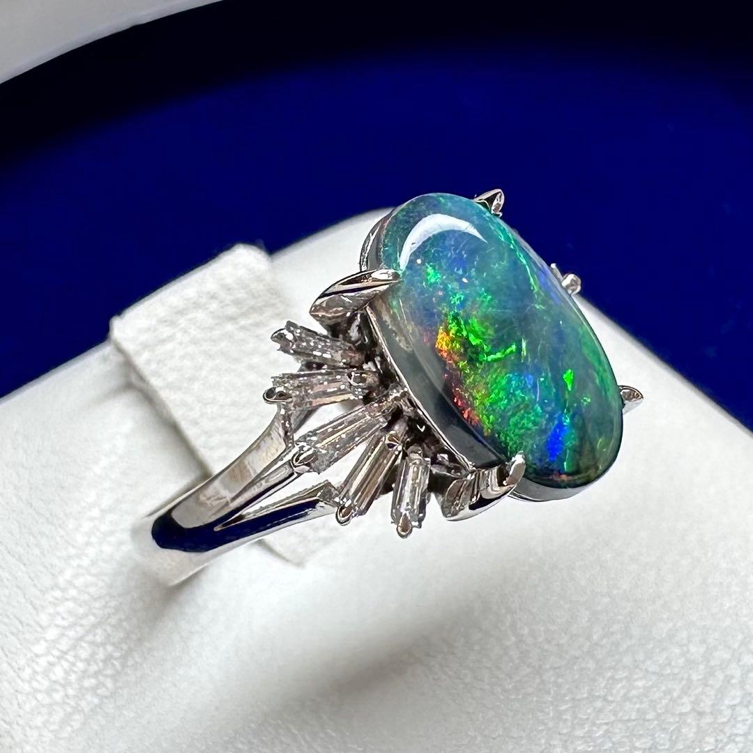 PT900 ブラックオパール1.58ct ダイヤモンドリング 遊色効果