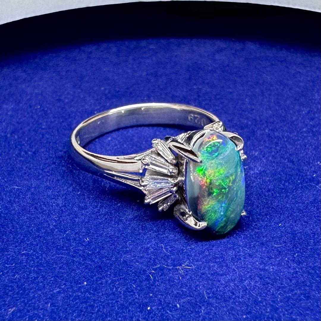 PT900 ブラックオパール1.58ct ダイヤモンドリング 遊色効果