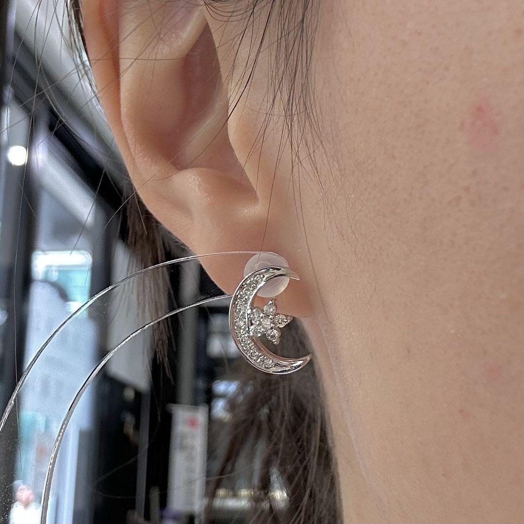 【K18】ダイヤモンド ピアス 0.18ct×2 三日月＆スター
