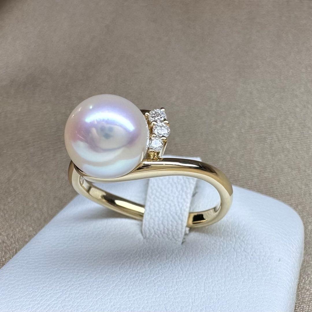 【K18】アコヤ真珠 リング 0.9mm ダイヤ付 上品なデザイン