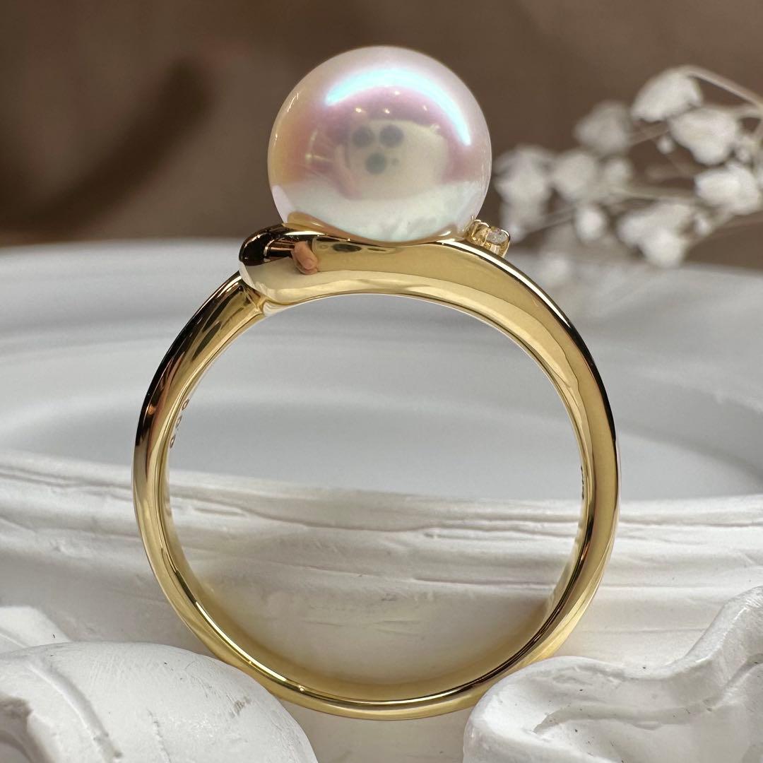 【K18】アコヤ真珠 リング 0.9mm ダイヤ付 上品なデザイン