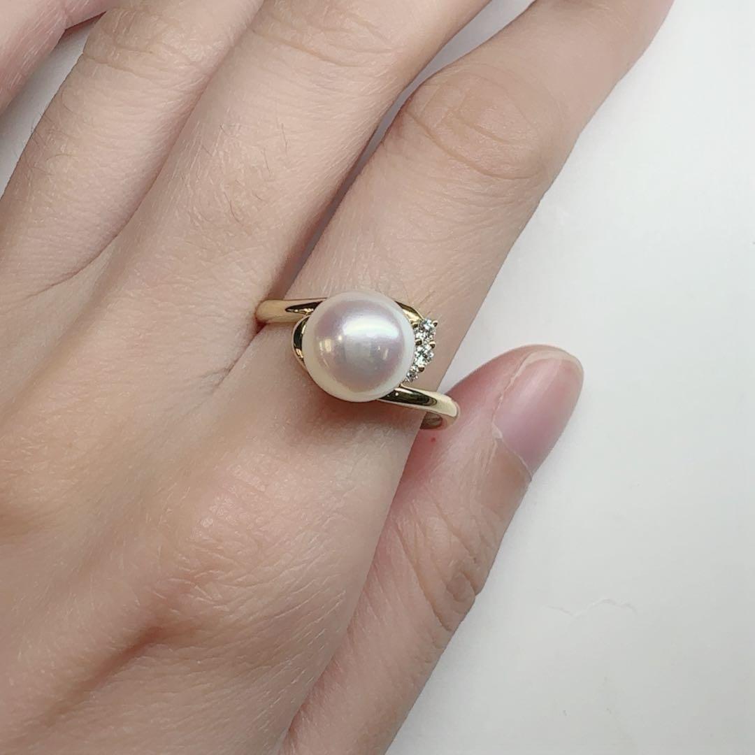【K18】アコヤ真珠 リング 0.9mm ダイヤ付 上品なデザイン