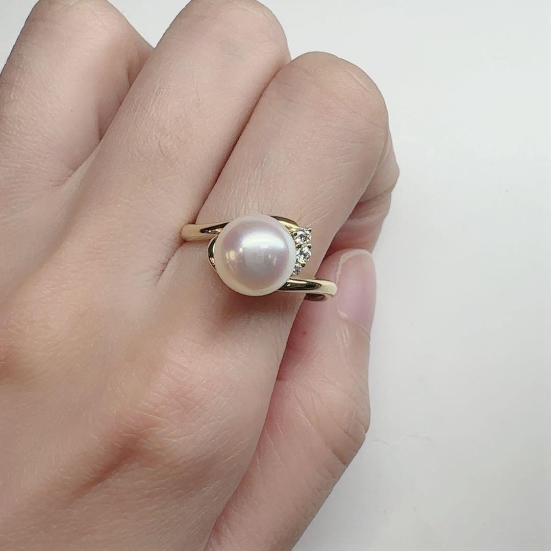 【K18】アコヤ真珠 リング 0.9mm ダイヤ付 上品なデザイン