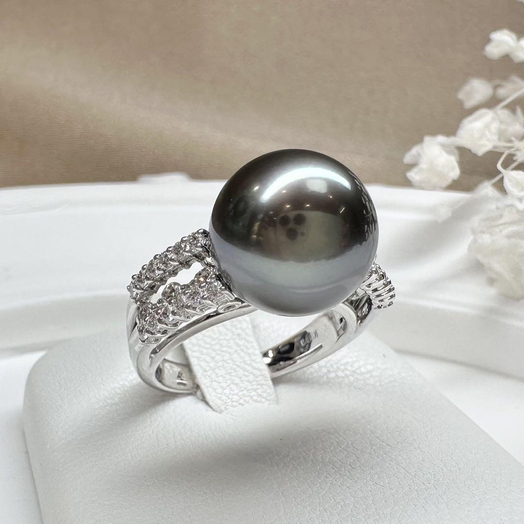 【K18】黒蝶パール 11.5mm リング ダイヤ付き