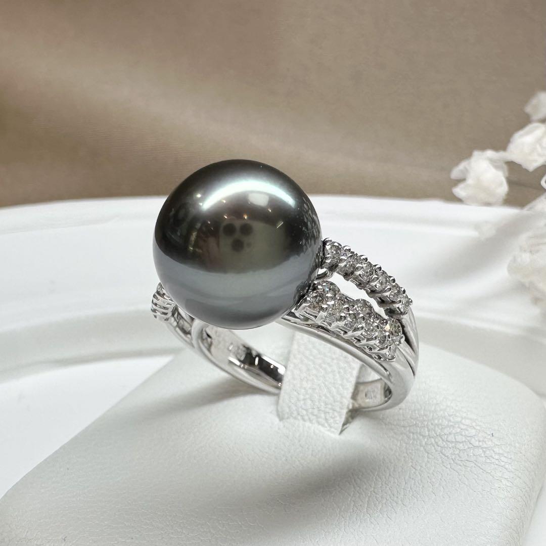 【K18】黒蝶パール 11.5mm リング ダイヤ付き