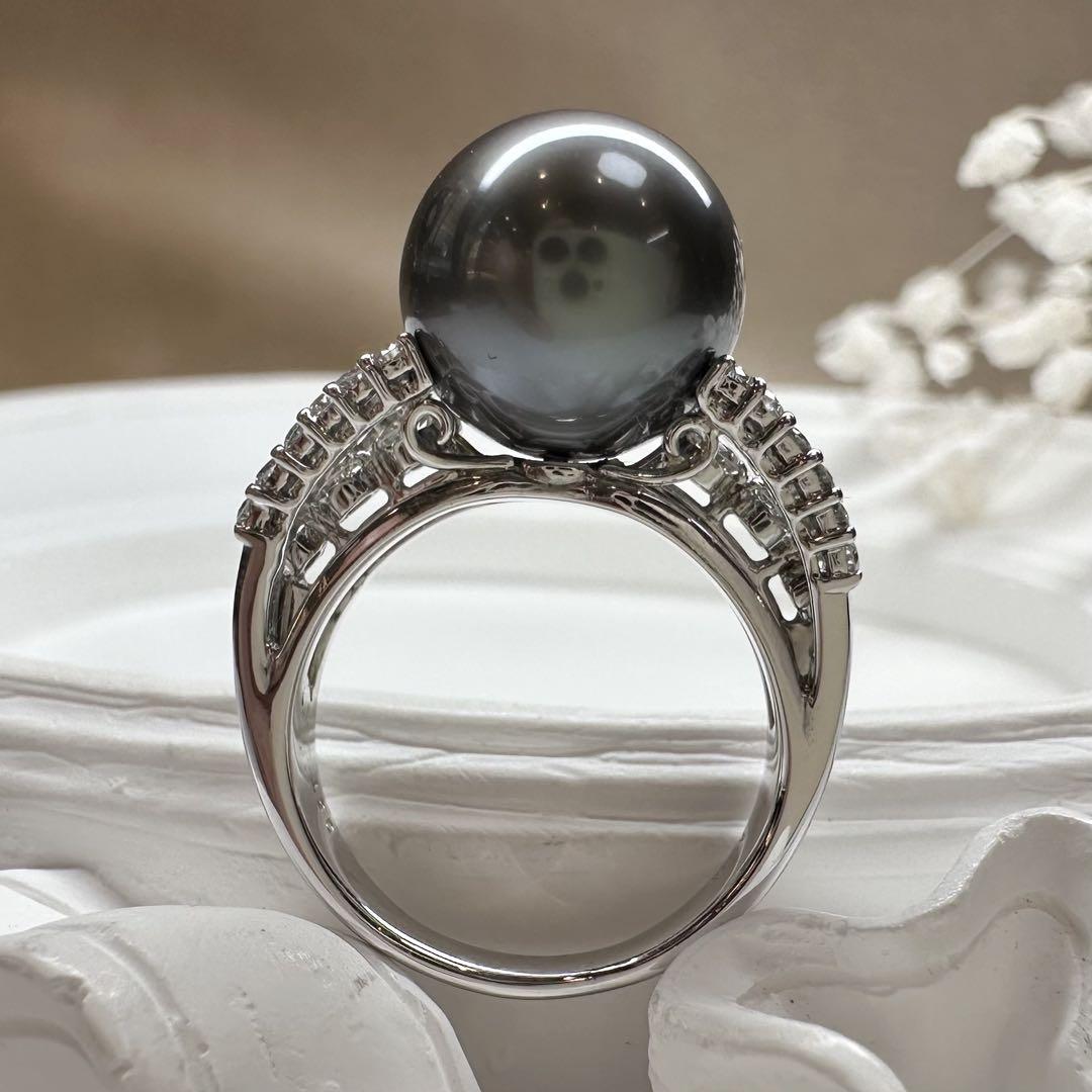 【K18】黒蝶パール 11.5mm リング ダイヤ付き
