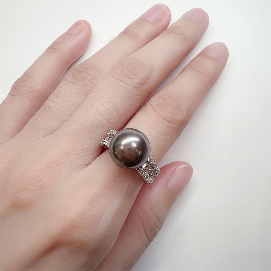 【K18】黒蝶パール 11.5mm リング ダイヤ付き