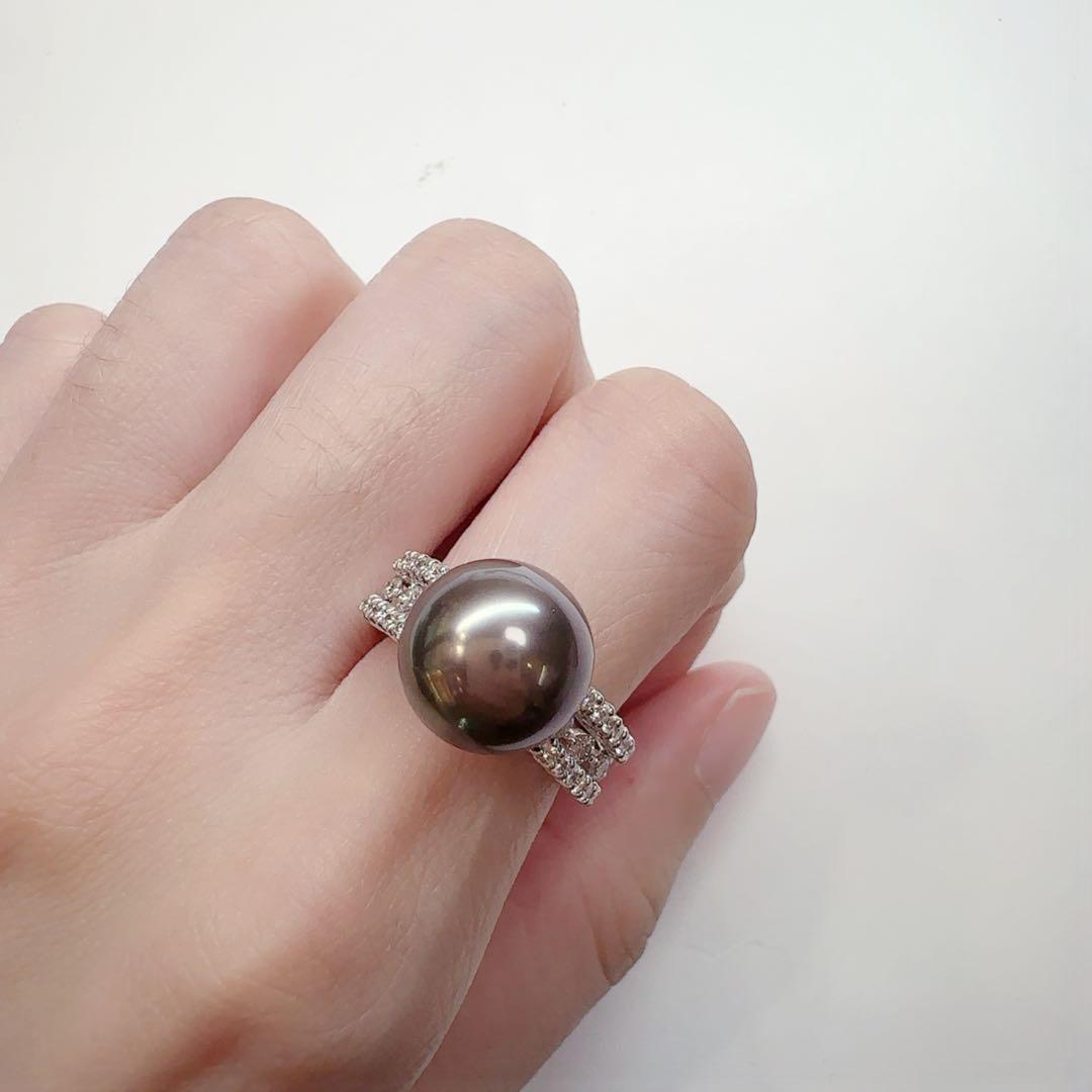 【K18】黒蝶パール 11.5mm リング ダイヤ付き