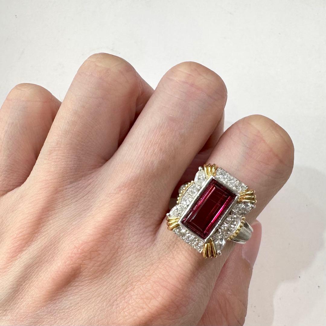 PT900 K18 ルベライト 3.49ct ダイヤモンドリング 昭和レトロ