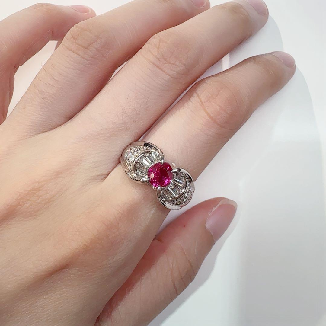 【美品】Pt900 ミャンマー産 ルビー 1.05ct ダイヤリングGIA付