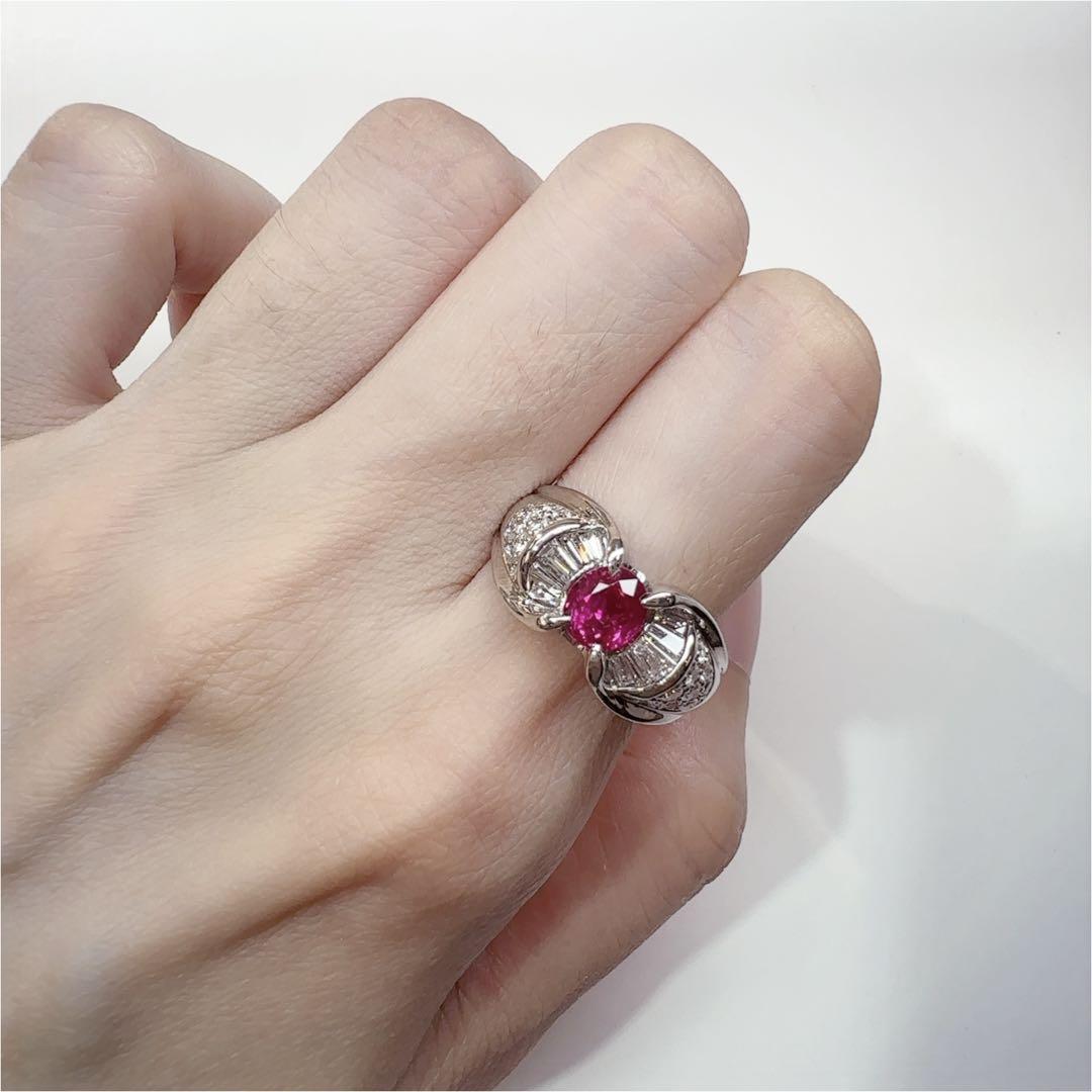 【美品】Pt900 ミャンマー産 ルビー 1.05ct ダイヤリングGIA付