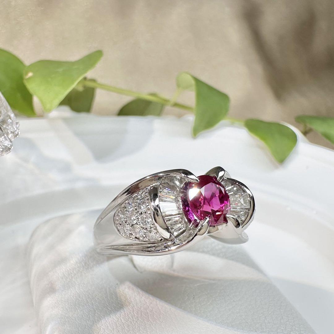 【美品】Pt900 ミャンマー産 ルビー 1.05ct ダイヤリングGIA付