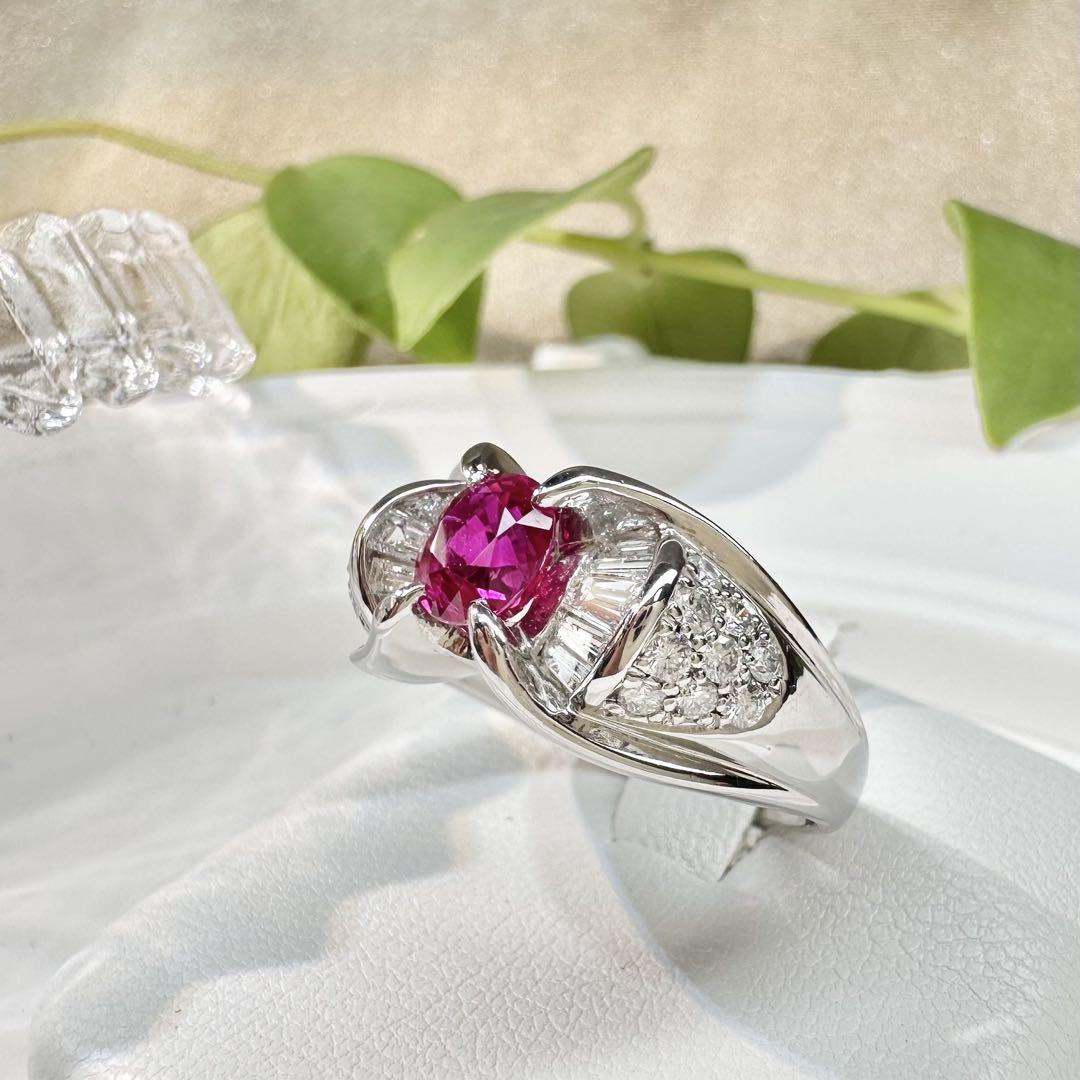 【美品】Pt900 ミャンマー産 ルビー 1.05ct ダイヤリングGIA付