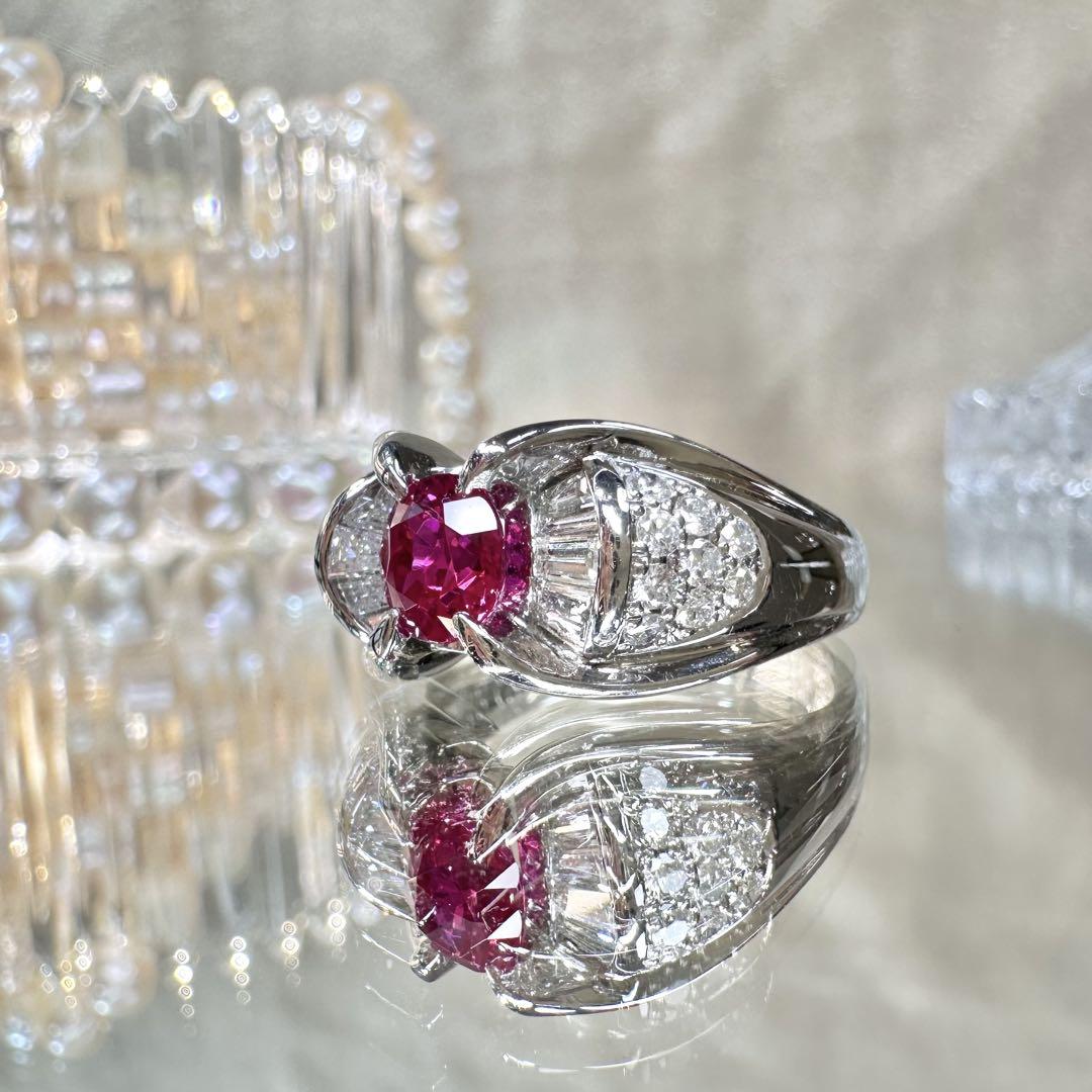 【美品】Pt900 ミャンマー産 ルビー 1.05ct ダイヤリングGIA付