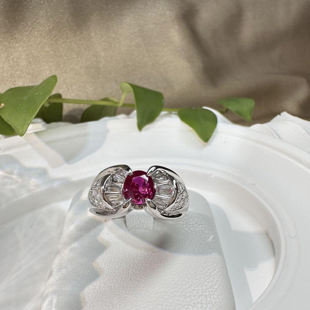 【美品】Pt900 ミャンマー産 ルビー 1.05ct ダイヤリングGIA付