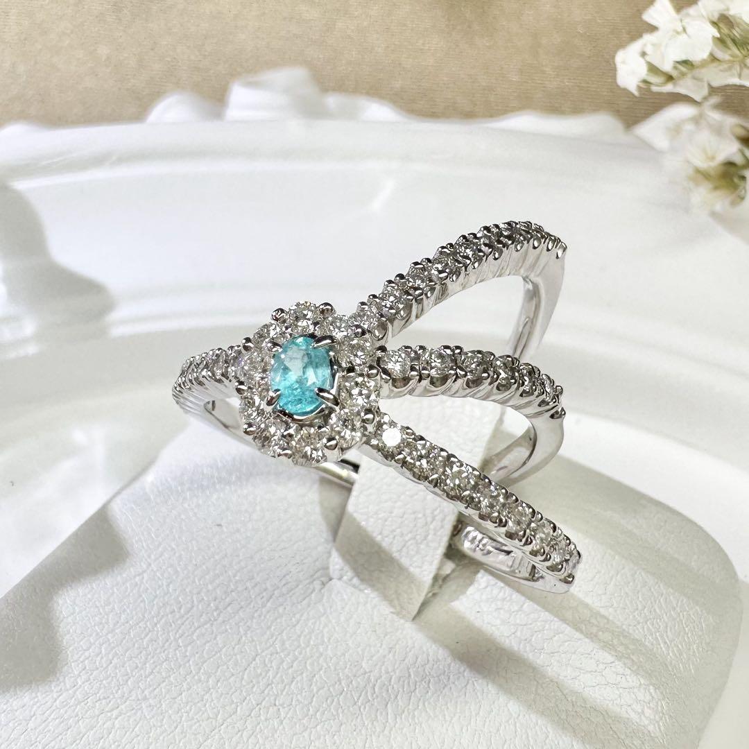 【K18WG】パライバトルマリン 0.1ct リング ダイヤ クロスデザイン