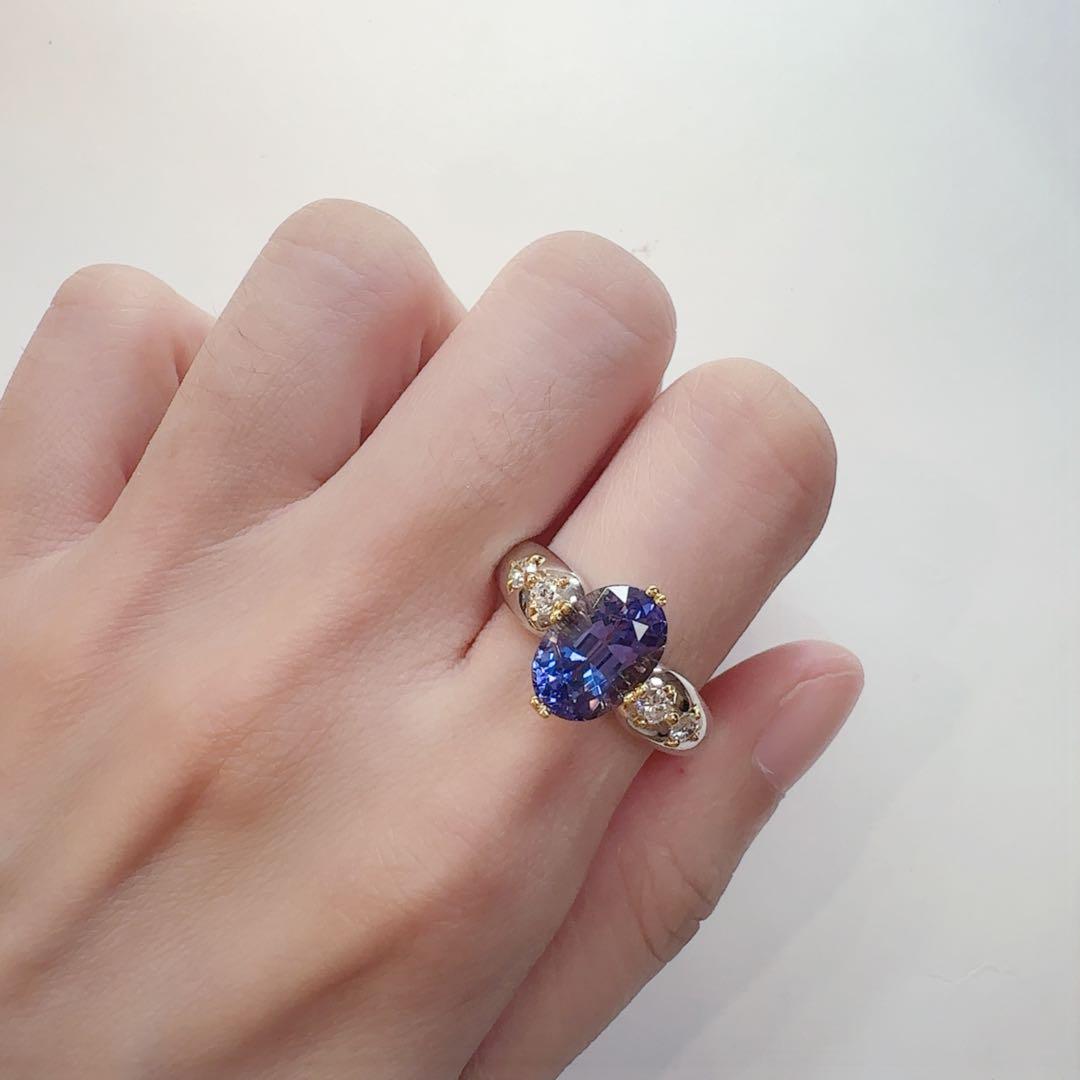 【美品】K18/PT900 タンザナイト3.49ct リング ダイヤ デザイン