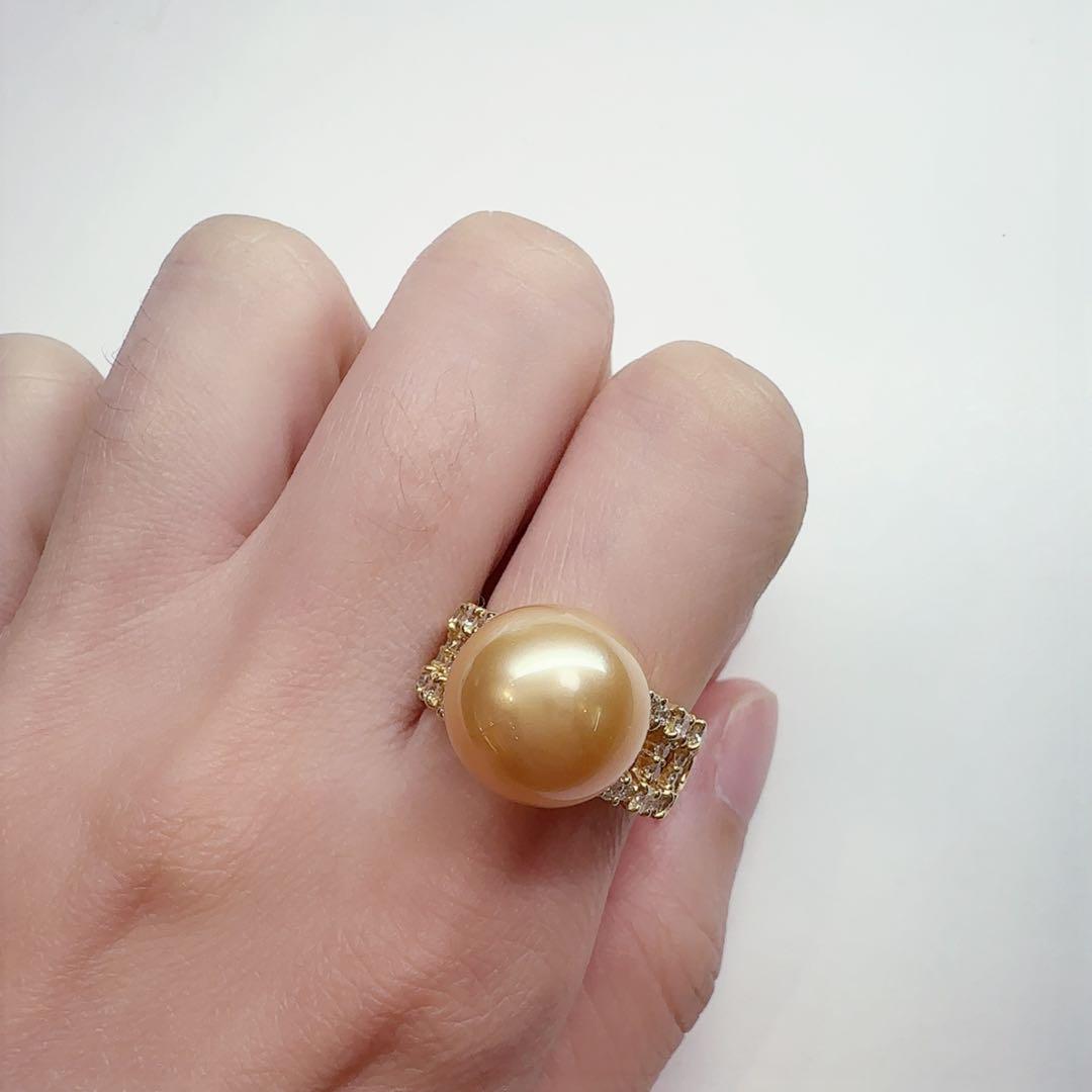 【K18】南洋パールリング 12.3mm ダイヤモンド付き イエローゴールド