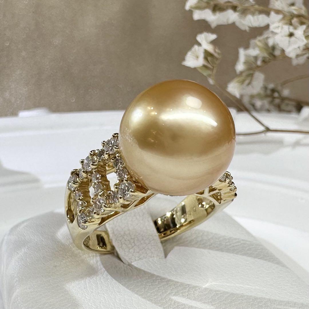 【K18】南洋パールリング 12.3mm ダイヤモンド付き イエローゴールド
