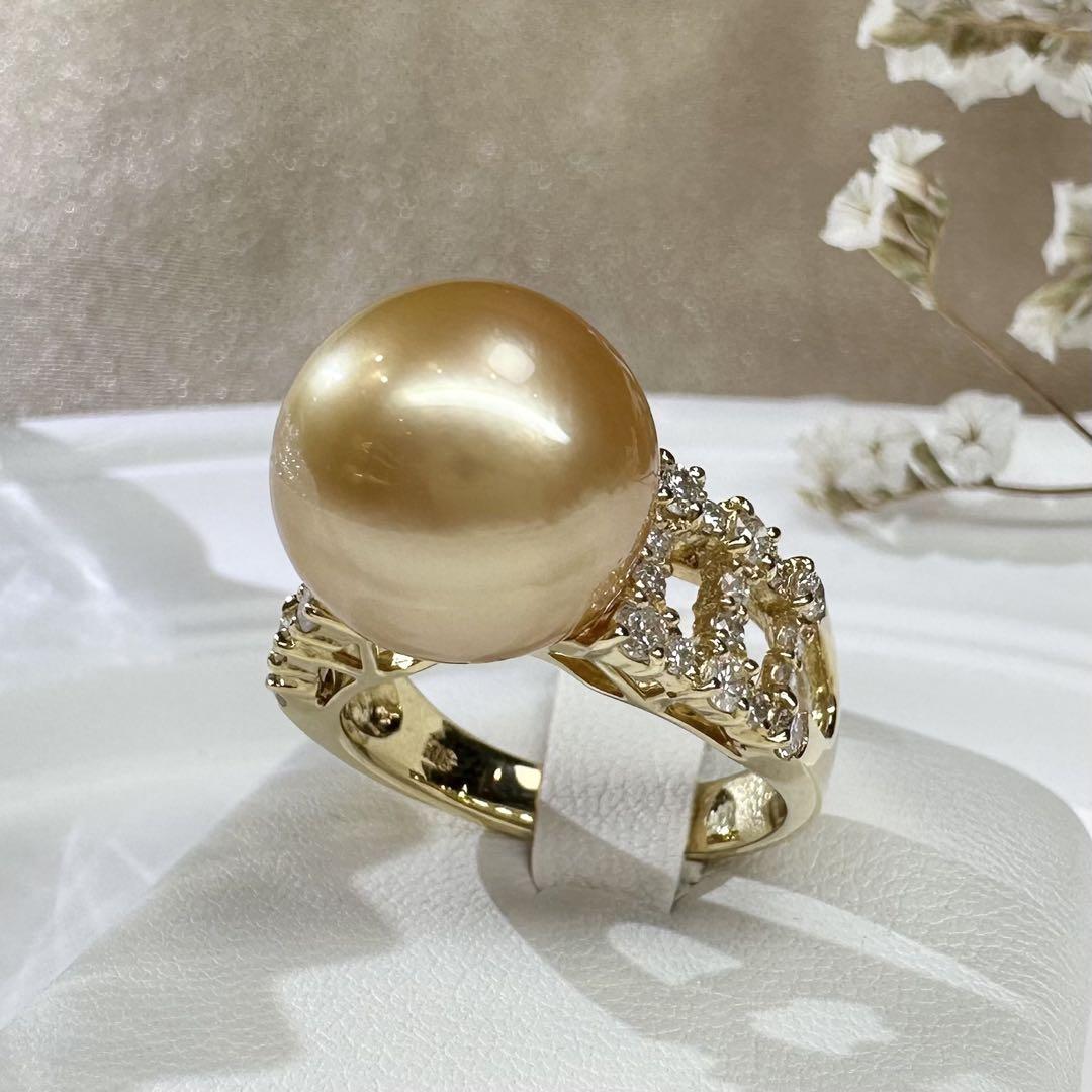 【K18】南洋パールリング 12.3mm ダイヤモンド付き イエローゴールド