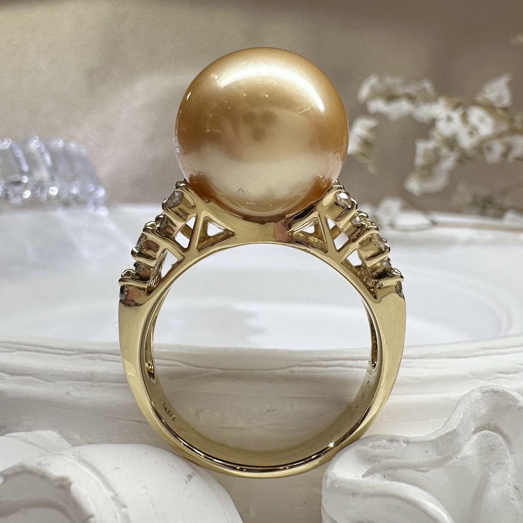 【K18】南洋パールリング 12.3mm ダイヤモンド付き イエローゴールド