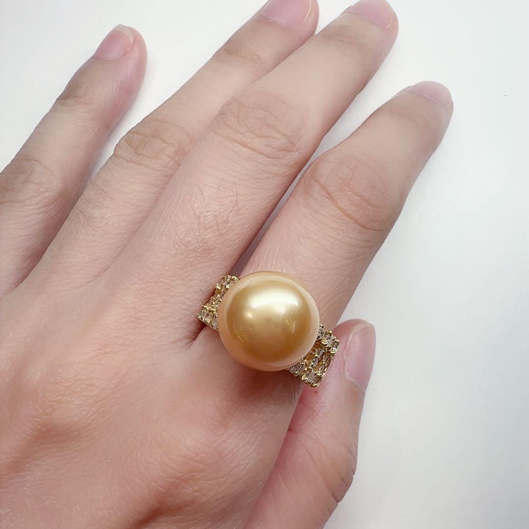 【K18】南洋パールリング 12.3mm ダイヤモンド付き イエローゴールド