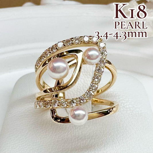 【K18】パール 3.4-4.3mm ダイヤモンド リング