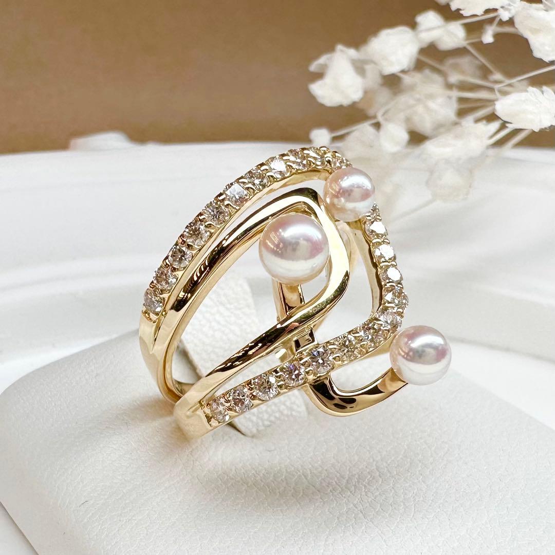 【K18】パール 3.4-4.3mm ダイヤモンド リング