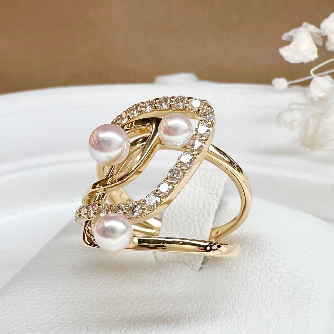 【K18】パール 3.4-4.3mm ダイヤモンド リング