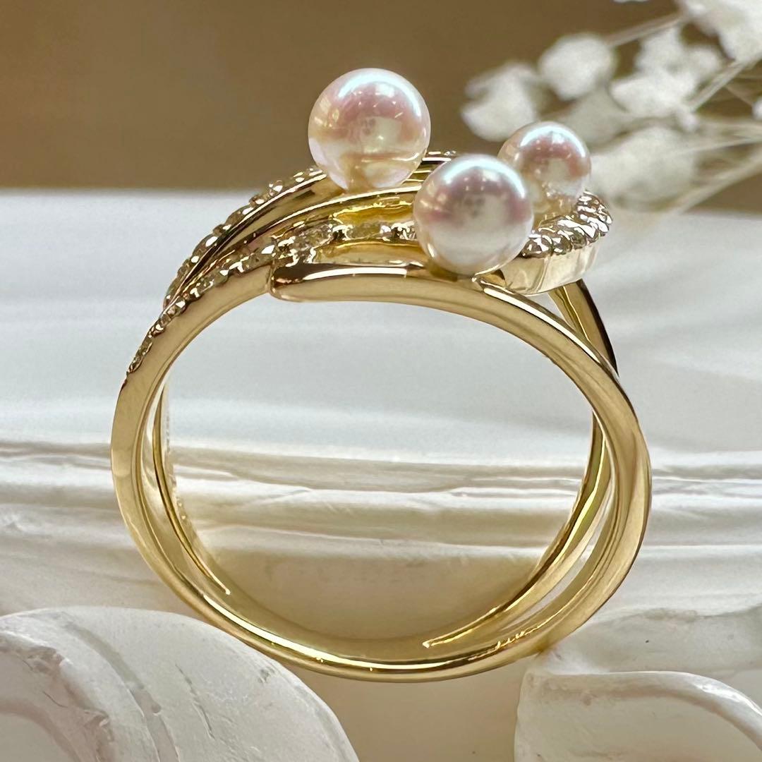 【K18】パール 3.4-4.3mm ダイヤモンド リング