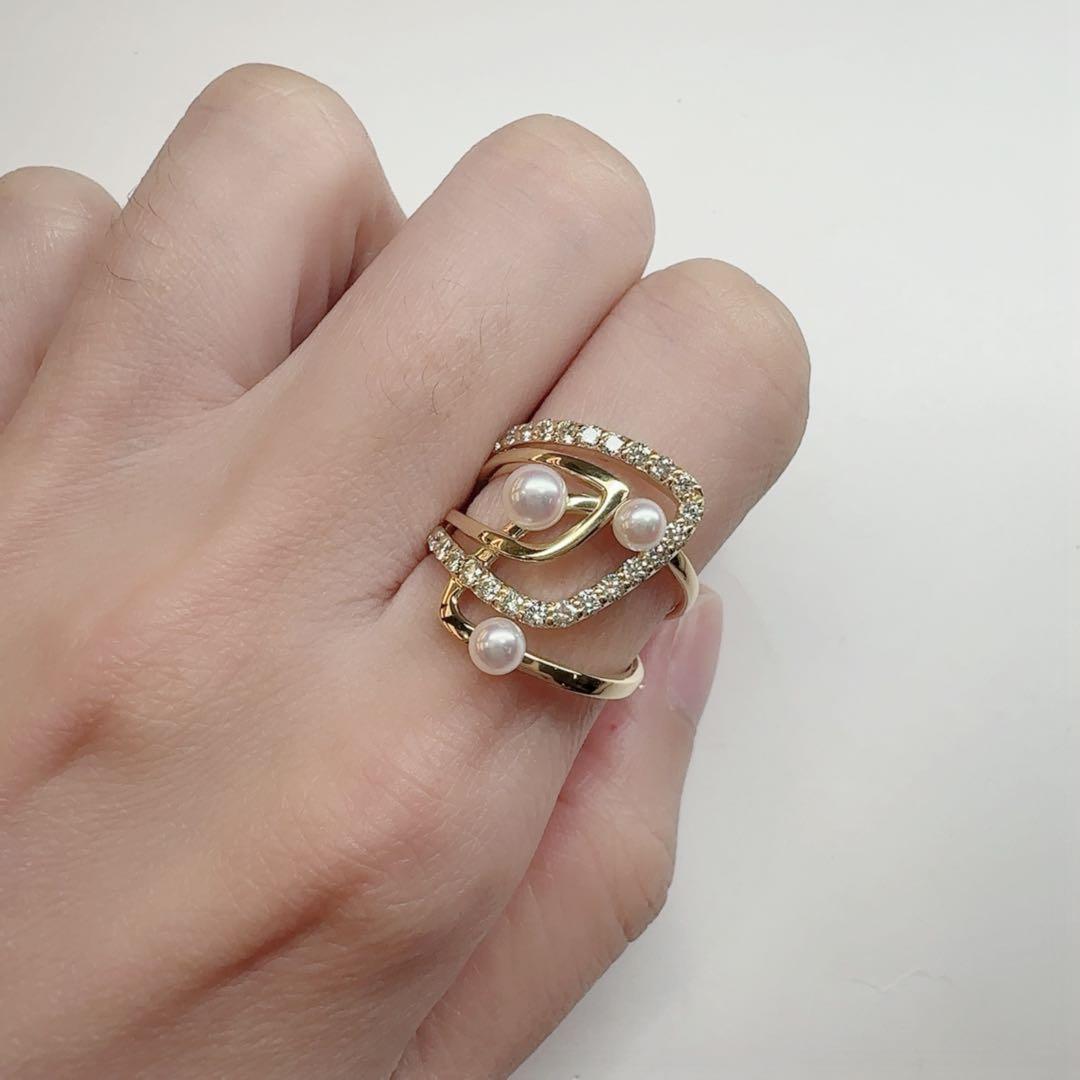 【K18】パール 3.4-4.3mm ダイヤモンド リング