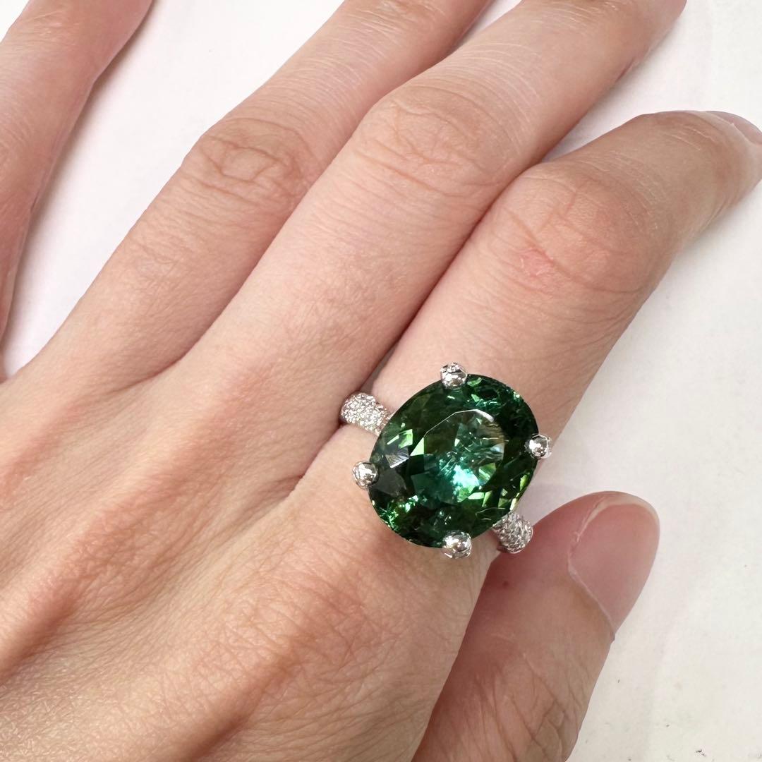 K18 グリーントルマリン 8.63ct ダイヤモンド リング 大粒