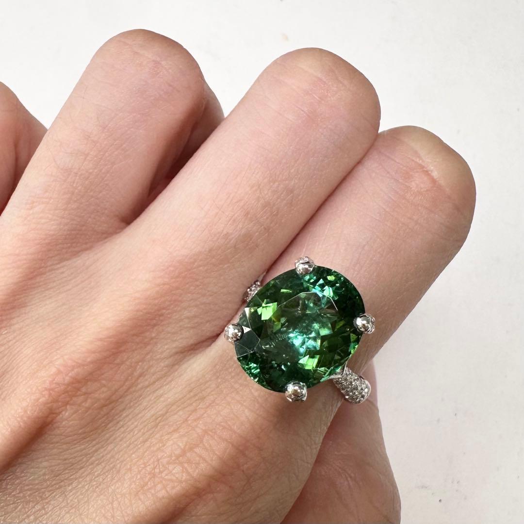 K18 グリーントルマリン 8.63ct ダイヤモンド リング 大粒