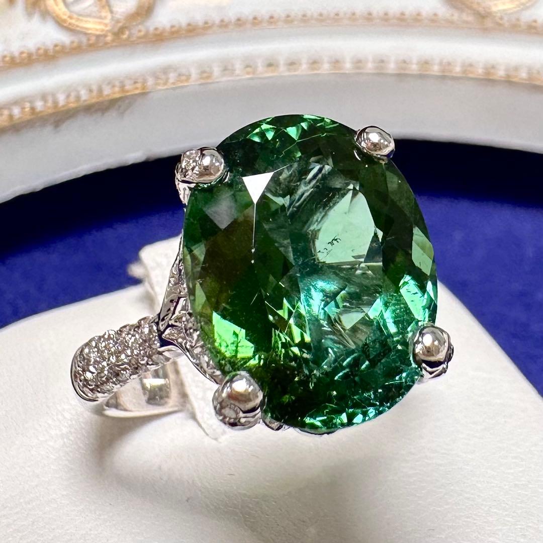 K18 グリーントルマリン 8.63ct ダイヤモンド リング 大粒