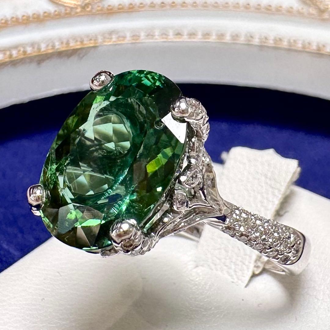 K18 グリーントルマリン 8.63ct ダイヤモンド リング 大粒
