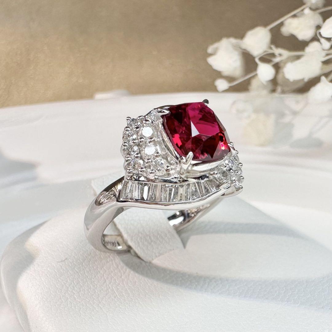 【美品】PT900 ビルマ産　レッドスピネルリング 1.48ct ダイヤモンド