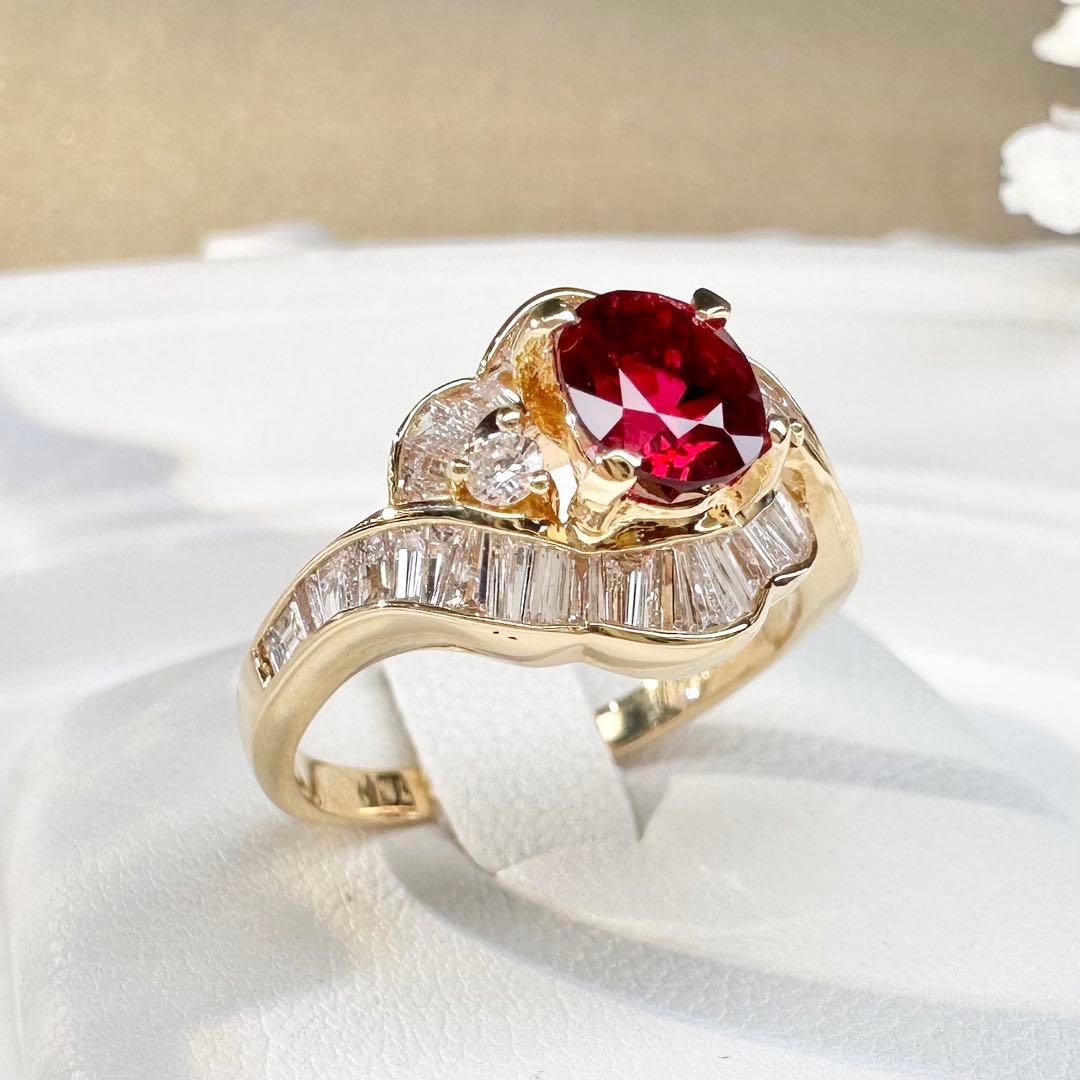 【K18】レッドスピネル 1.13ct ダイヤモンド リング