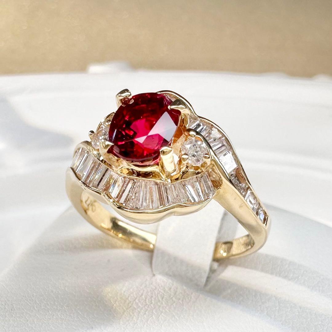 【K18】レッドスピネル 1.13ct ダイヤモンド リング