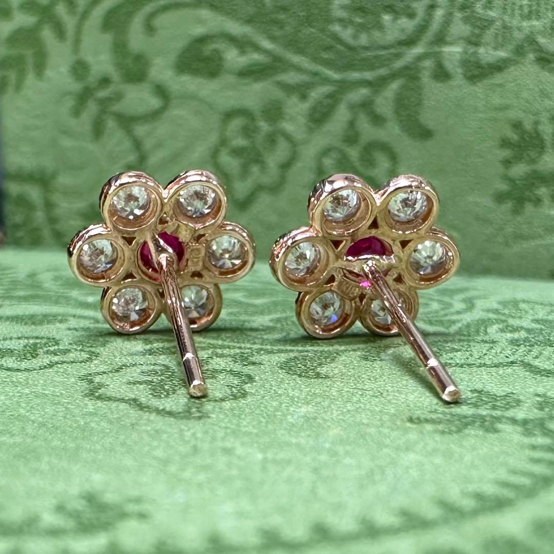 K18 ルビー0.075ct×2 ダイヤモンド 花モチーフピアス