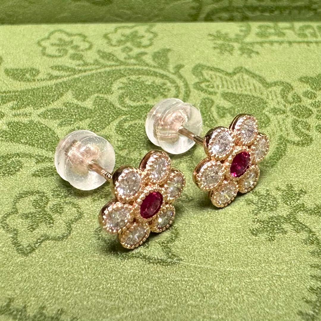 K18 ルビー0.075ct×2 ダイヤモンド 花モチーフピアス