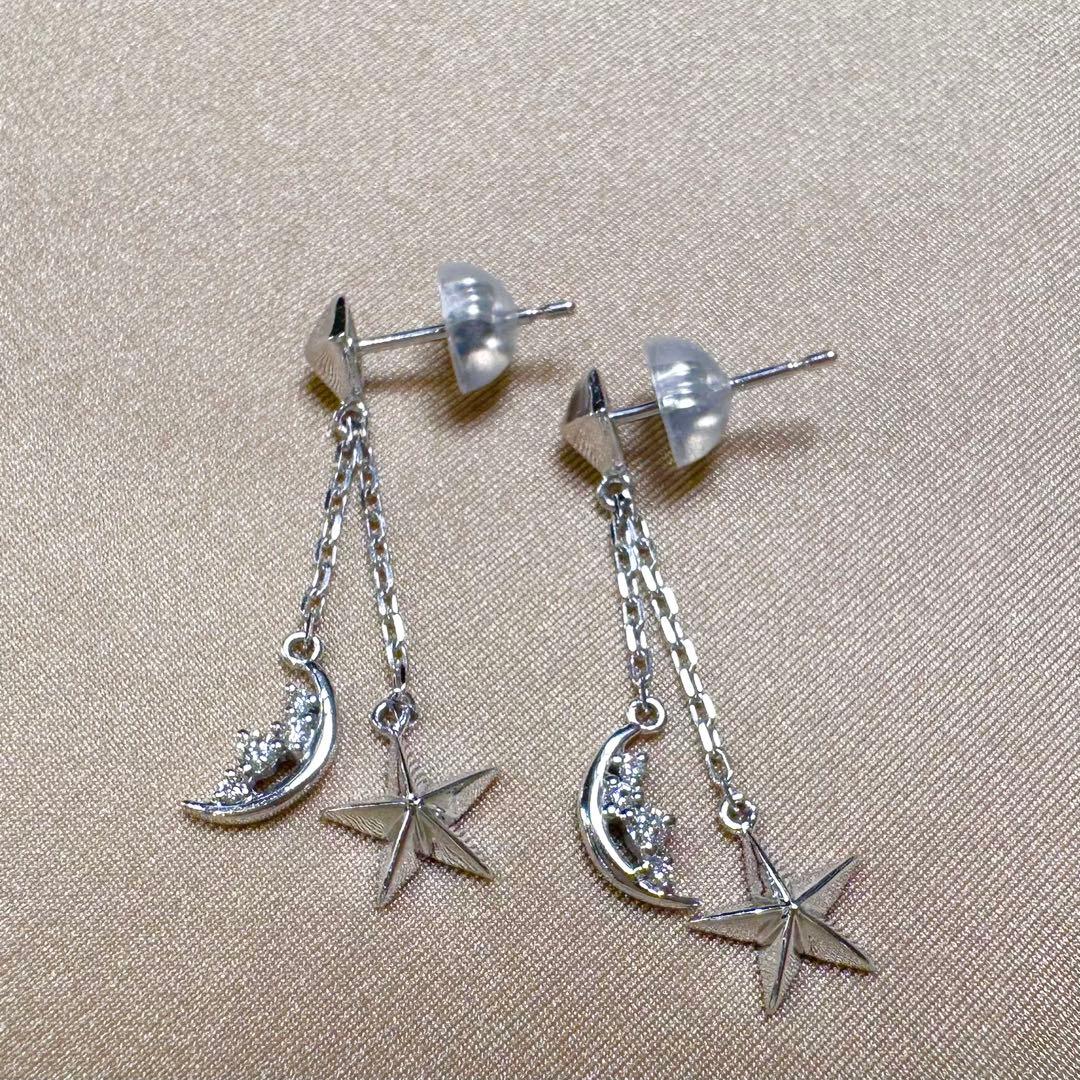 K18WG ダイヤモンド ムーン＆スター ピアス スイングピアス