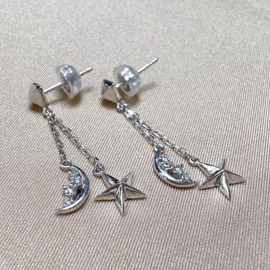 K18WG ダイヤモンド ムーン＆スター ピアス スイングピアス