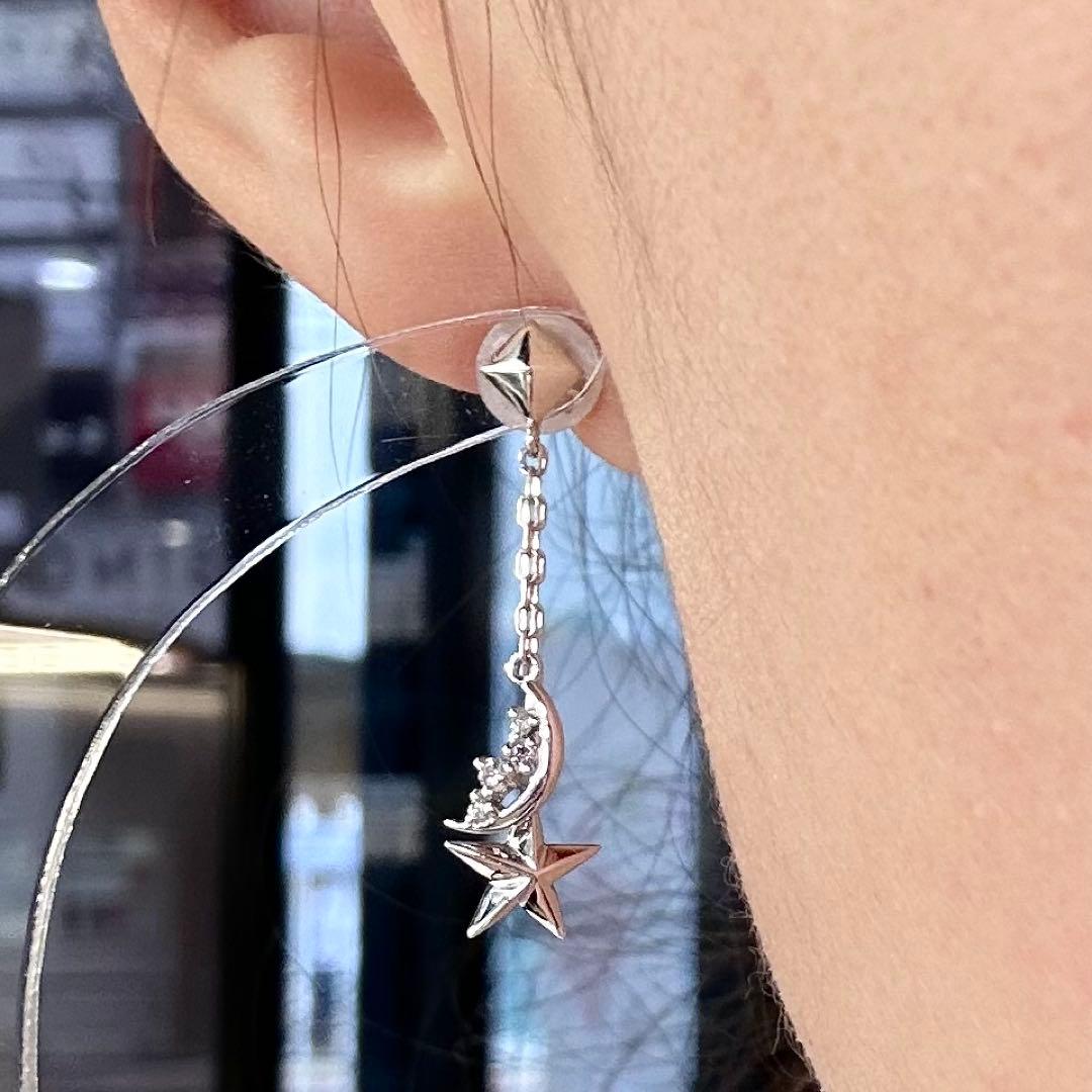 K18WG ダイヤモンド ムーン＆スター ピアス スイングピアス