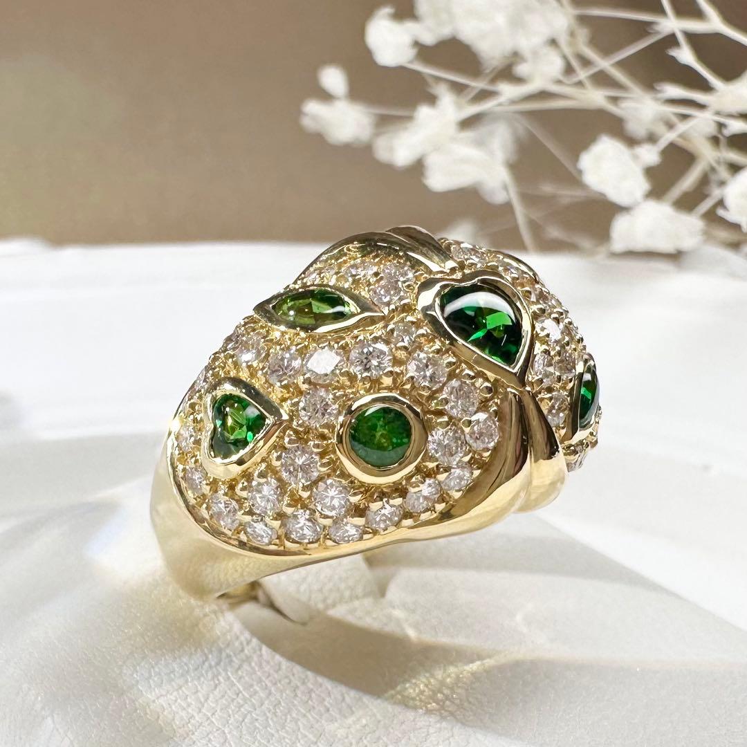 【K18】グリーンガーネット 0.98ct ハートモチーフ ダイヤモンド リング