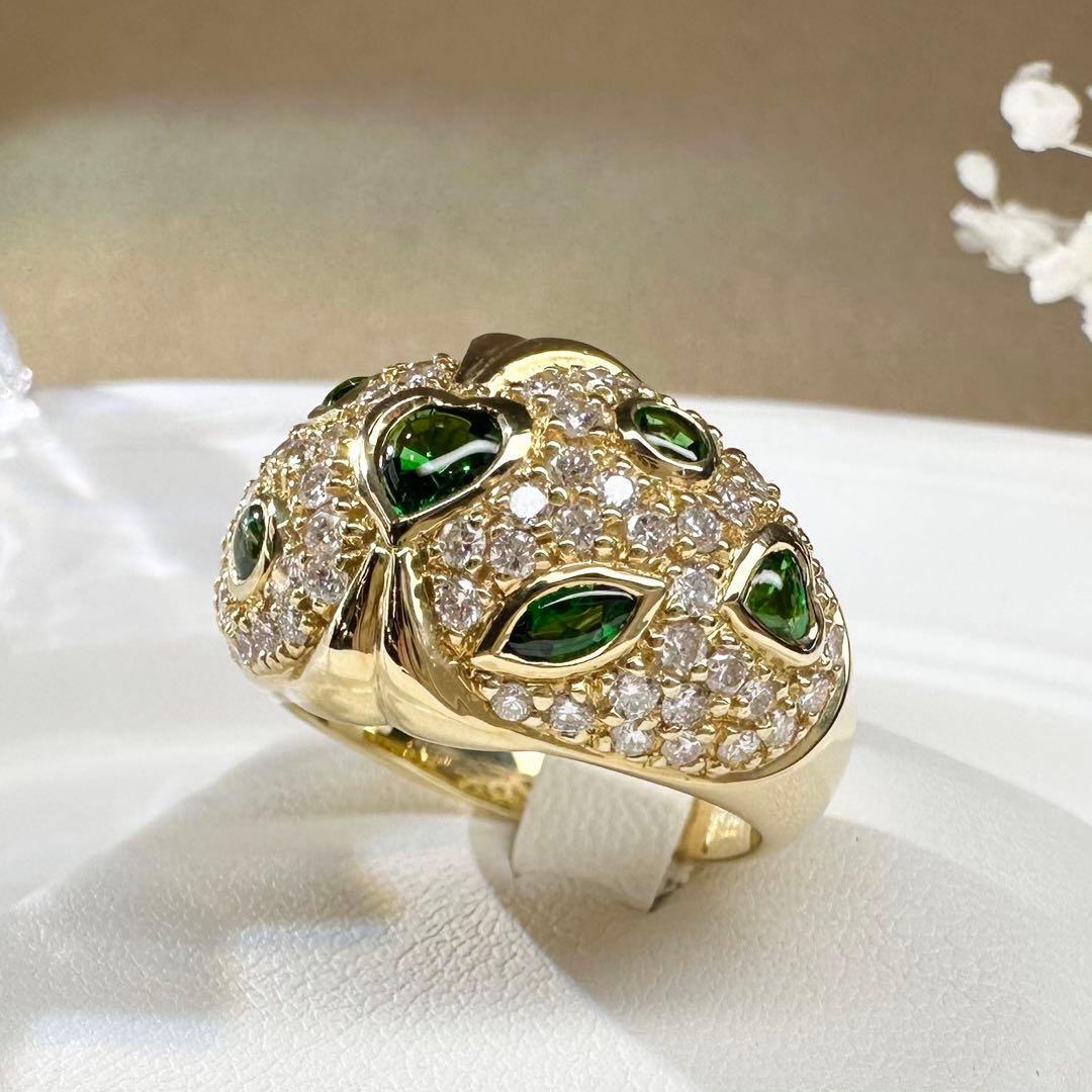 【K18】グリーンガーネット 0.98ct ハートモチーフ ダイヤモンド リング